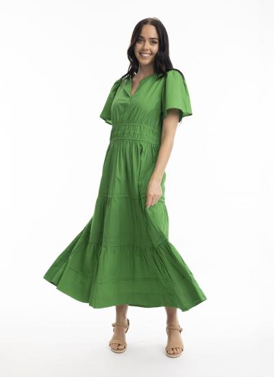 Parakeet Poplin Maxi Ruched Waist Dress