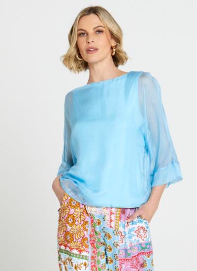 Fate + Becker To Her Door Blue Silk Kaftan Top